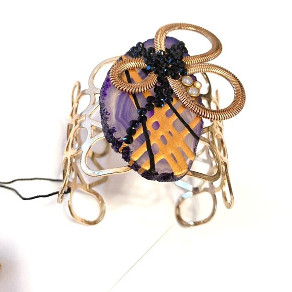 Gold Plated Bangle + Earrings PURPLE Agate - Picture 3 of 4